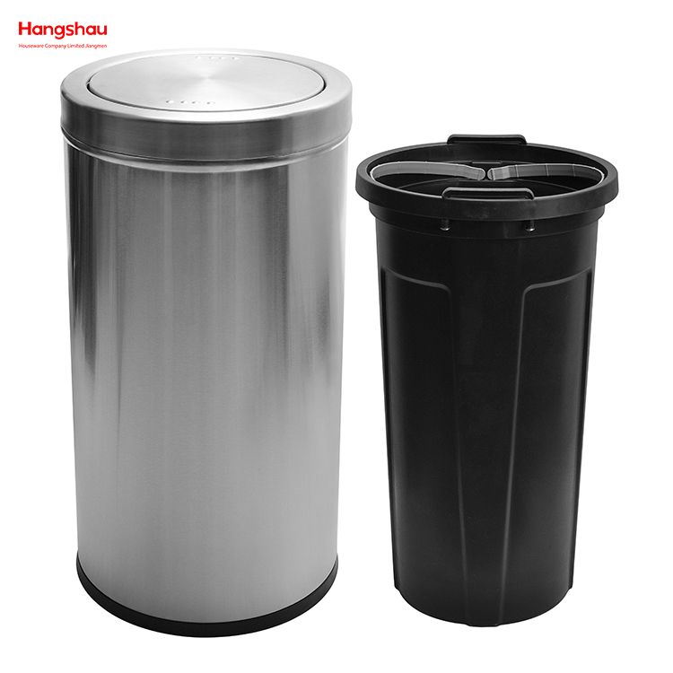90L Stainless Steel Round Swing Lid Push Bin(with Inner Bucket) Outdoors Community Street Roadside Cafeteria Garbage Bins Stainless Steel Swing Lid Garbage Can Trash Can