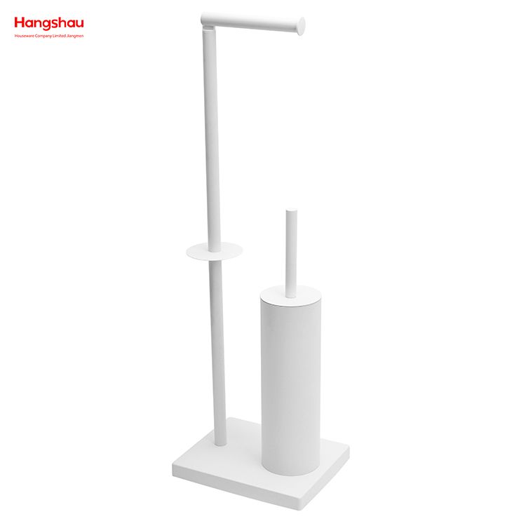 White Powder Coated Standing Metal Toilet Brush Holder And Paper Holder With Towel Rack Bathroom Cleaning Accessory Featuring