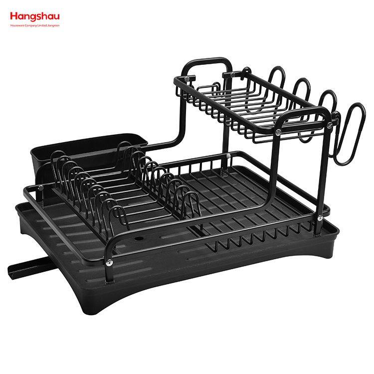 Black Kitchen Utensils Storage Aluminum Alloy Dish Rack over Sink Organizer Stand Dish Rack Cup Holder Double Deck Metal Drying Dish Tray Rack 