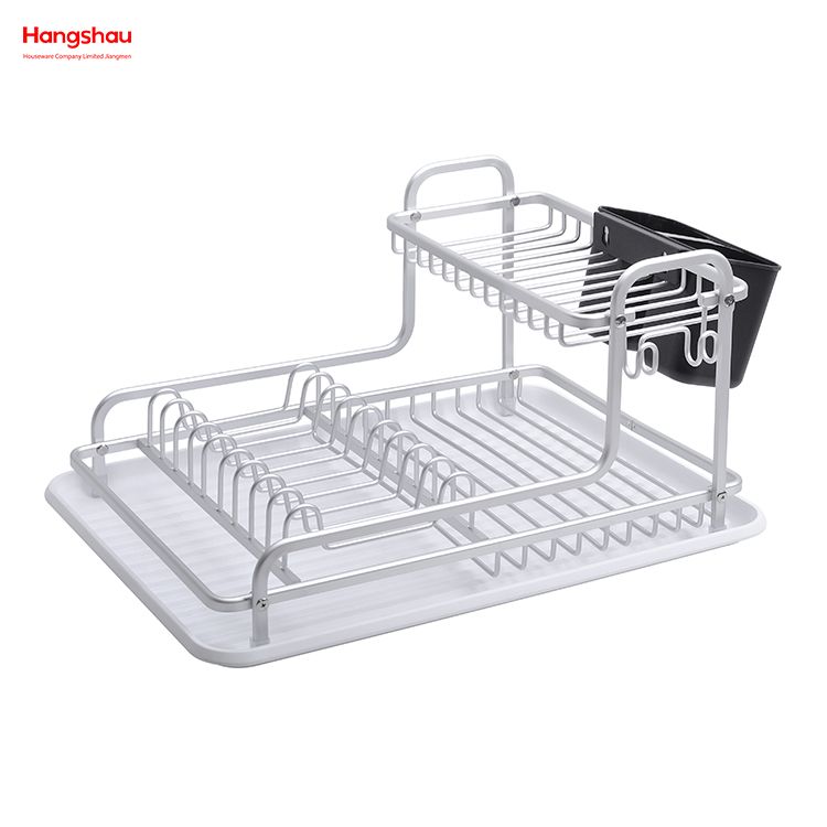 Kitchen Double Deck Aluminum Stand Dish Rack Cup Holder Alloy Dish Rack over Sink Organizer Metal Drying Dish Tray Rack