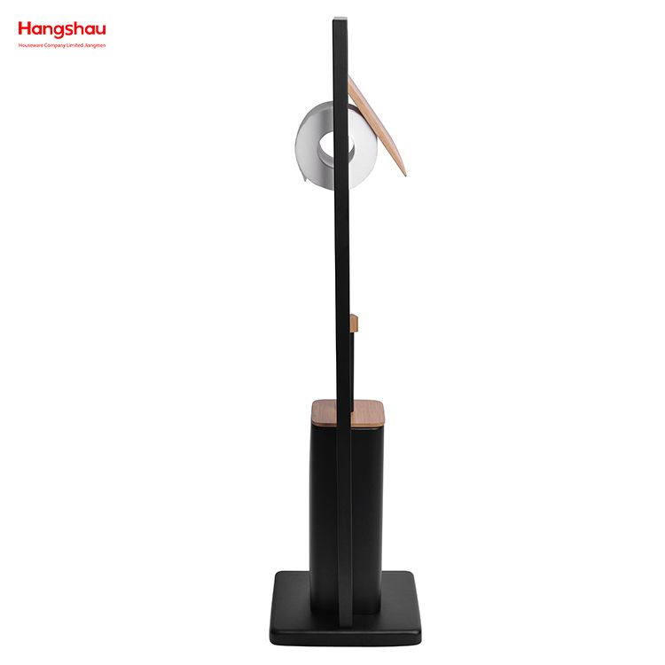 Black Powder Coated Standing Bamboo&Metal Toilet Brush Holder Lacquer Spraying Metal Free Standing Stainless Steel Toilet Brush And Paper Holder 