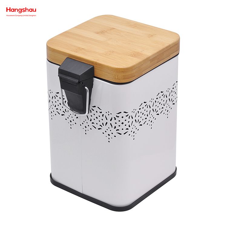 5L Bamboo Lid Square Household Pedal Waste Bin Bamboo Dust Bins For Indoor Trash Can Bathroom Trash Can Metal Morden Style Dustbin Garbage Can Powder Coating