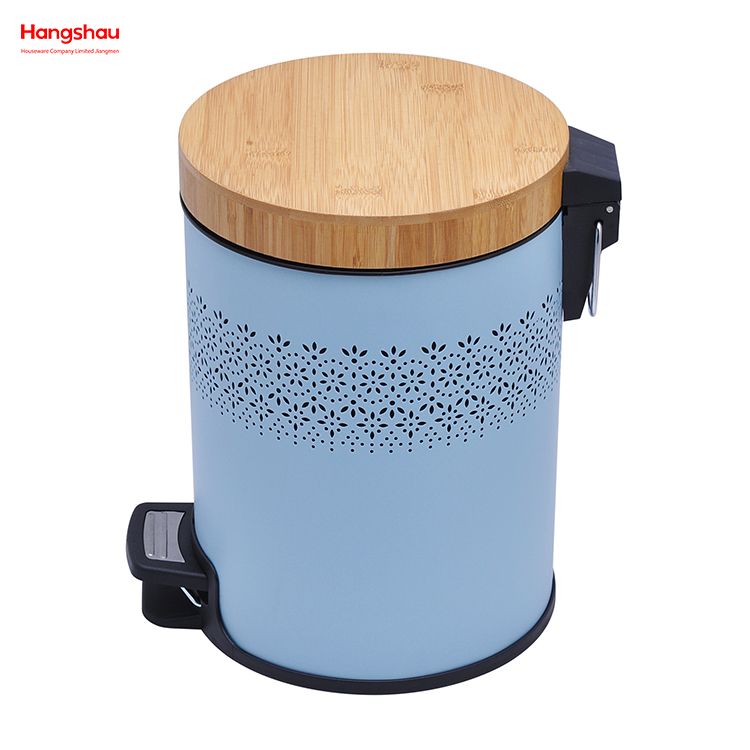 5L Powder Coating Household Pedal Waste Bin Bamboo Dust Bins For Indoor Trash Can Bathroom Trash Can Metal Morden Style Dustbin Garbage Can Bamboo Lid
