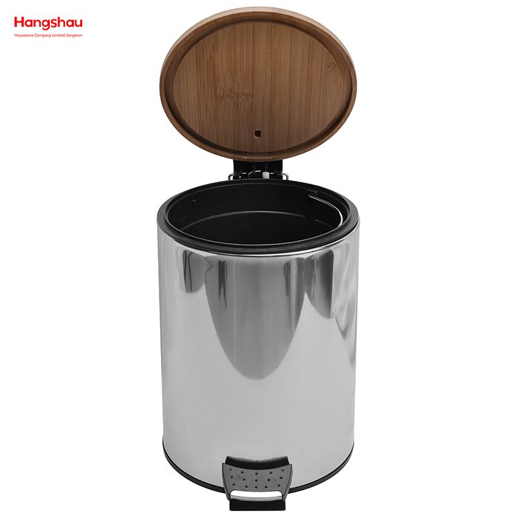 5L Bamboo Polish Kitchen Waste Bins Bathroom Household Stainless Steel Trash Can Bamboo Mirror Reflection Polishing Round Pedal Bin 