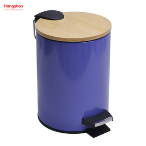 5L Bathroom Trash Can Metal Morden Style Dustbin Garbage Can Bamboo Lid Powder Coating Household Pedal Waste Bin Bamboo Dust Bins For Indoor Trash Can 