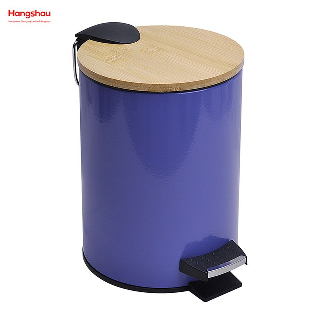 5L Bathroom Trash Can Metal Morden Style Dustbin Garbage Can Bamboo Lid Powder Coating Household Pedal Waste Bin Bamboo Dust Bins For Indoor Trash Can 