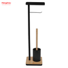 Bamboo-Base Metal Toilet Brush Holder with Tissue Holder And Tray Black Freestanding Design Accommodates Phone