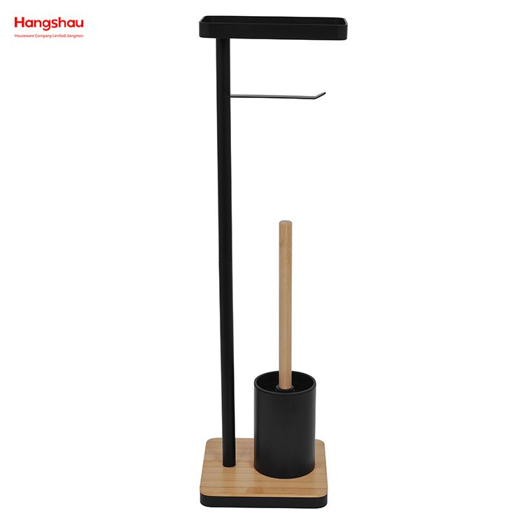 Bamboo-Base Metal Toilet Brush Holder with Tissue Holder And Tray Black Freestanding Design Accommodates Phone
