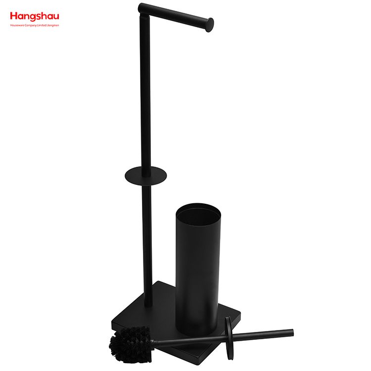 Black Powder Coated Standing Metal Toilet Brush Holder And Paper Holder With Towel Rack Bathroom Cleaning Accessory Featuring