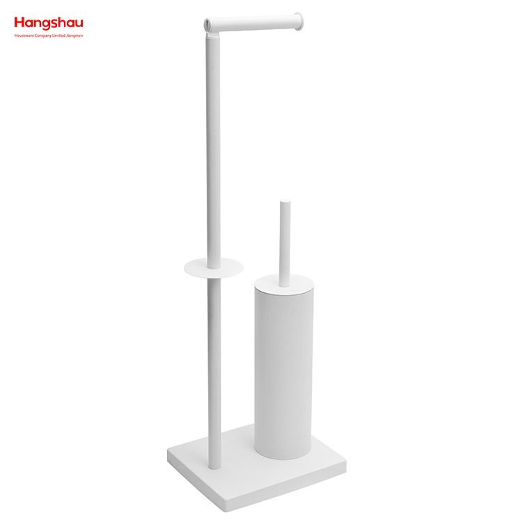 White Powder Coated Standing Metal Toilet Brush Holder And Paper Holder With Towel Rack Bathroom Cleaning Accessory Featuring