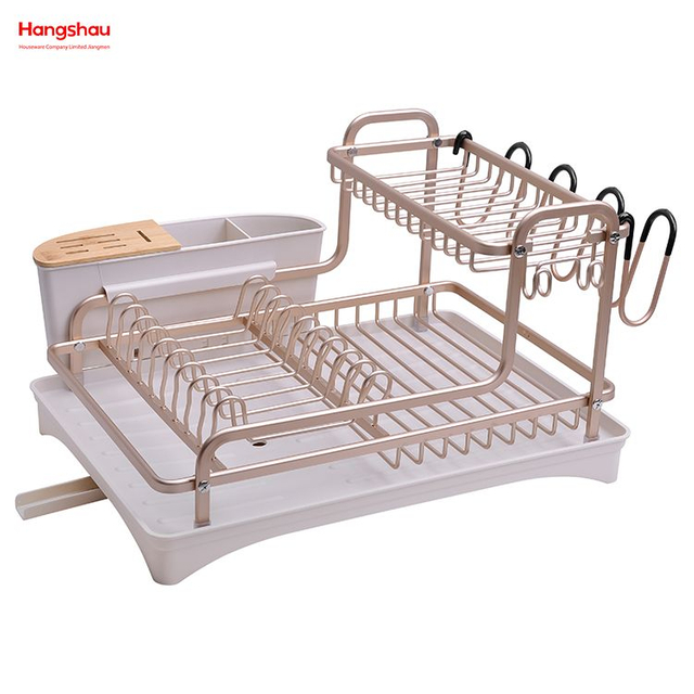 Double Deck Metal Drying Dish Tray Rack Stand Dish Rack Cup Holder Kitchen Utensils Storage Aluminum Alloy Dish Rack over Sink Organizer