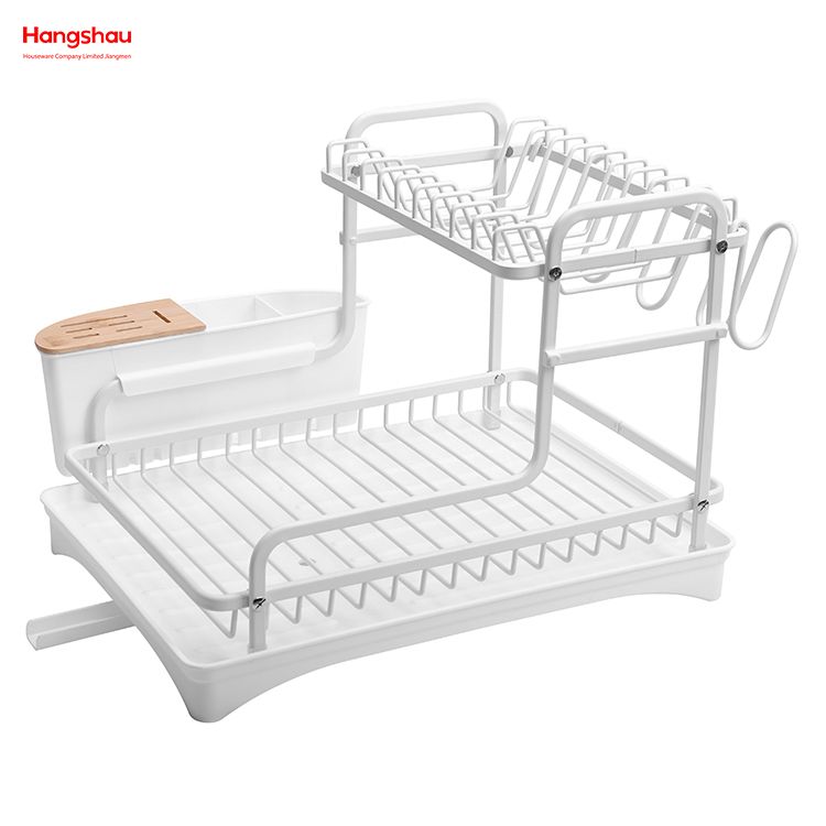 White Kitchen Utensils Storage Aluminum Alloy Metal Drying Dish Tray Rack Organizer Double Deck Stand Dish Rack 