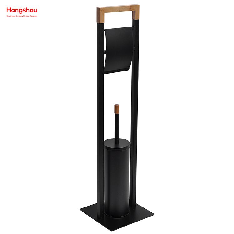 Powder Coated Standing Bamboo&Metal Toilet Brush Holder Lacquer Spraying Metal Free Standing Stainless Steel Toilet Brush And Paper Holder