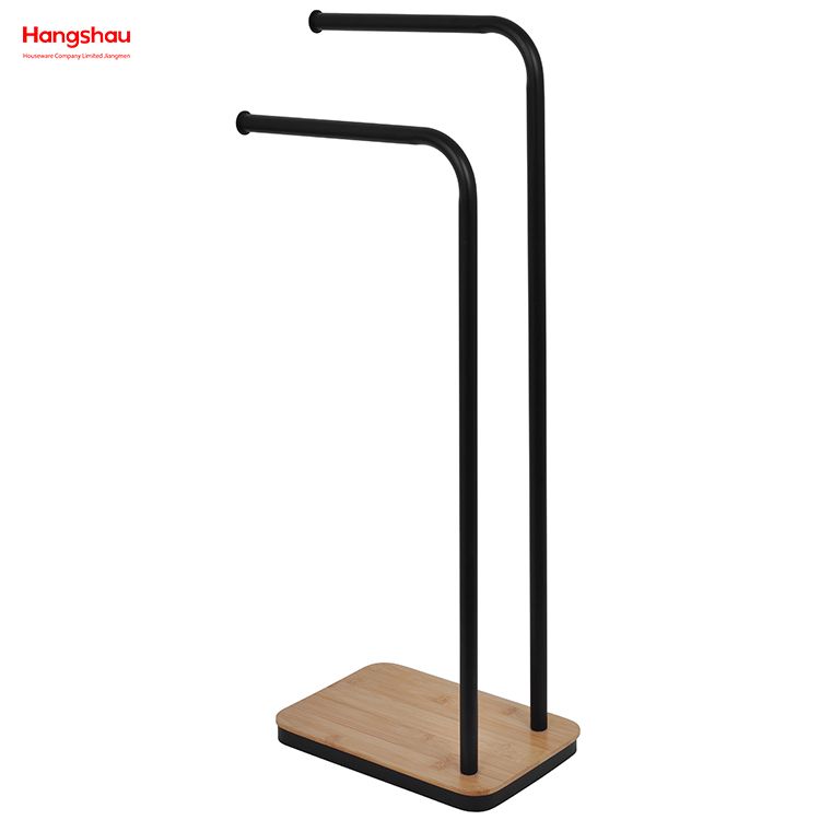 Iron Double-Bar Towel Rack Bathroom Towel Rack Floor-Standing Towel Rack Bamboo Base Towel Rack