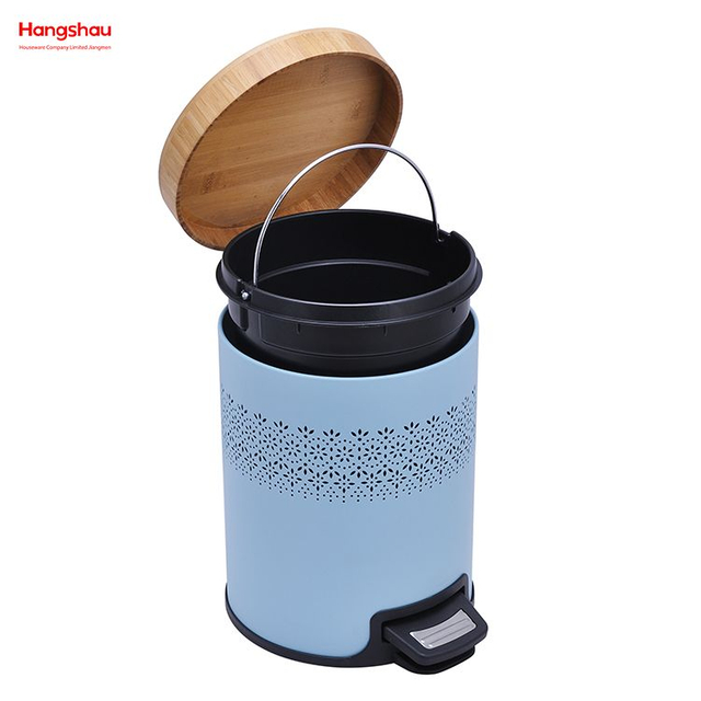 5L Powder Coating Household Pedal Waste Bin Bamboo Dust Bins For Indoor Trash Can Bathroom Trash Can Metal Morden Style Dustbin Garbage Can Bamboo Lid
