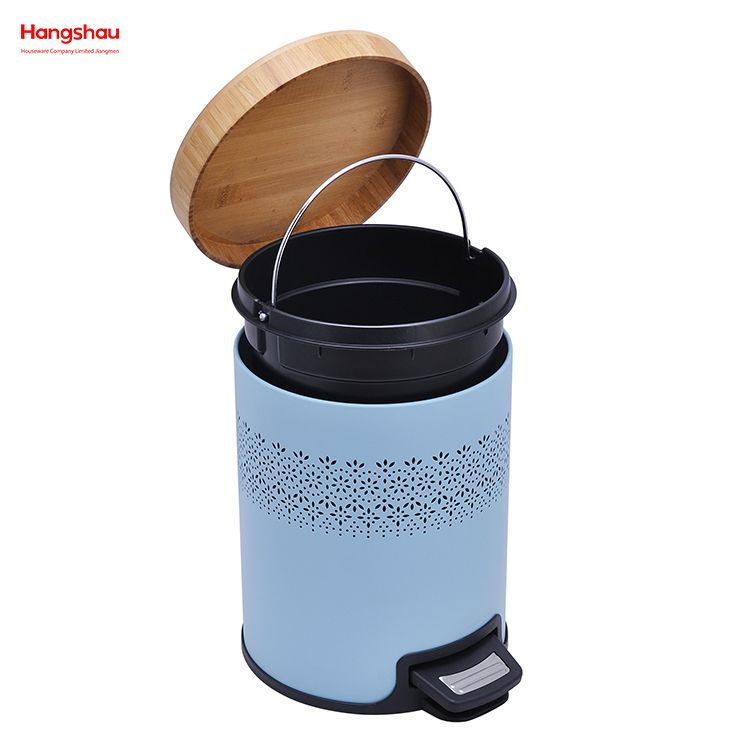 5L Powder Coating Household Pedal Waste Bin Bamboo Dust Bins For Indoor Trash Can Bathroom Trash Can Metal Morden Style Dustbin Garbage Can Bamboo Lid