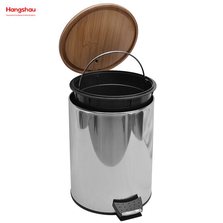 5L Bamboo Polish Kitchen Waste Bins Bathroom Household Stainless Steel Trash Can Bamboo Mirror Reflection Polishing Round Pedal Bin 