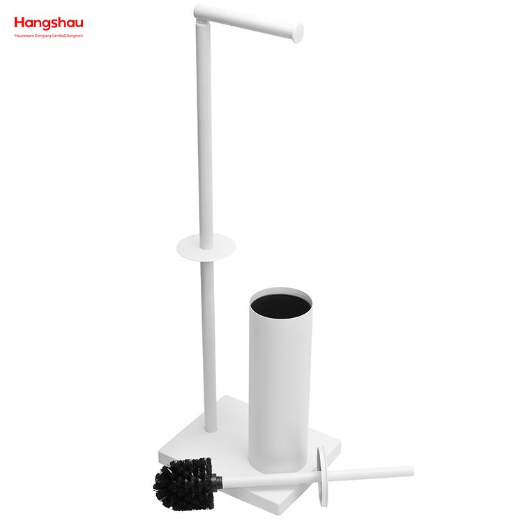 White Powder Coated Standing Metal Toilet Brush Holder And Paper Holder With Towel Rack Bathroom Cleaning Accessory Featuring