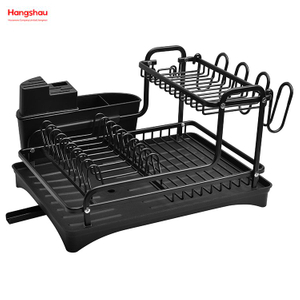 Black Kitchen Utensils Storage Aluminum Alloy Dish Rack over Sink Organizer Stand Dish Rack Cup Holder Double Deck Metal Drying Dish Tray Rack 