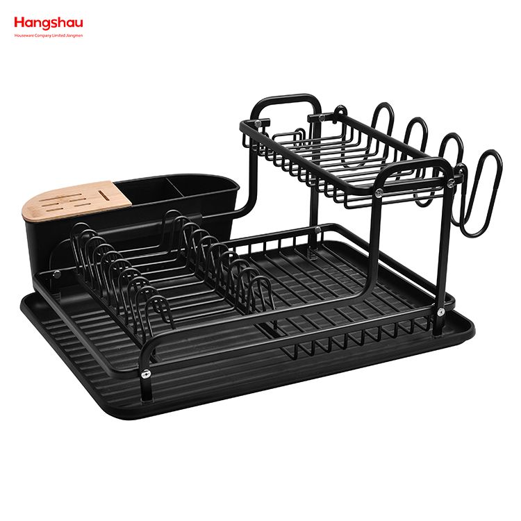 Metal Black Drying Dish Tray Rack Kitchen Double Deck Aluminum Stand Dish Rack Cup Holder Alloy Dish Rack over Sink Organizer 