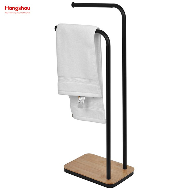 Iron Double-Bar Towel Rack Bathroom Towel Rack Floor-Standing Towel Rack Bamboo Base Towel Rack