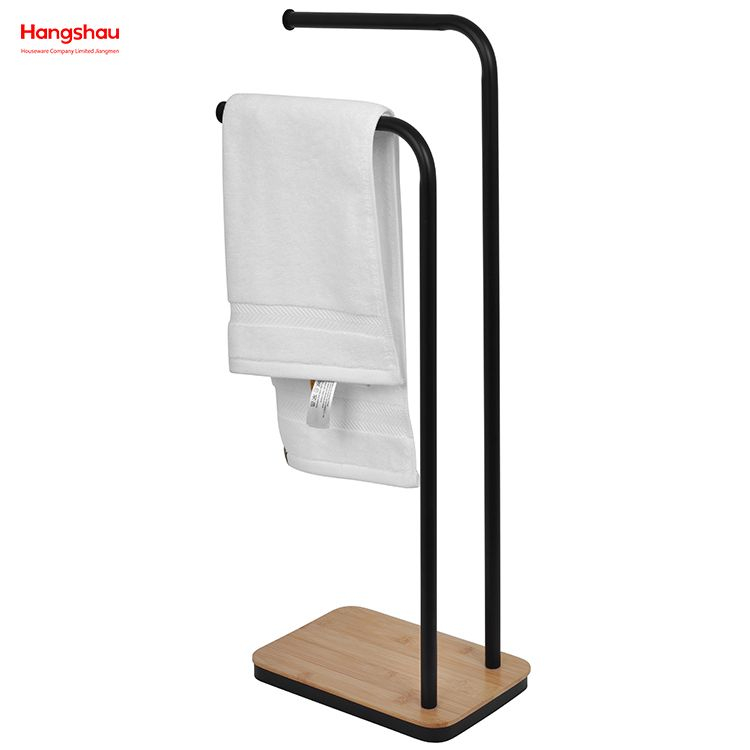 Iron Double-Bar Towel Rack Bathroom Towel Rack Floor-Standing Towel Rack Bamboo Base Towel Rack