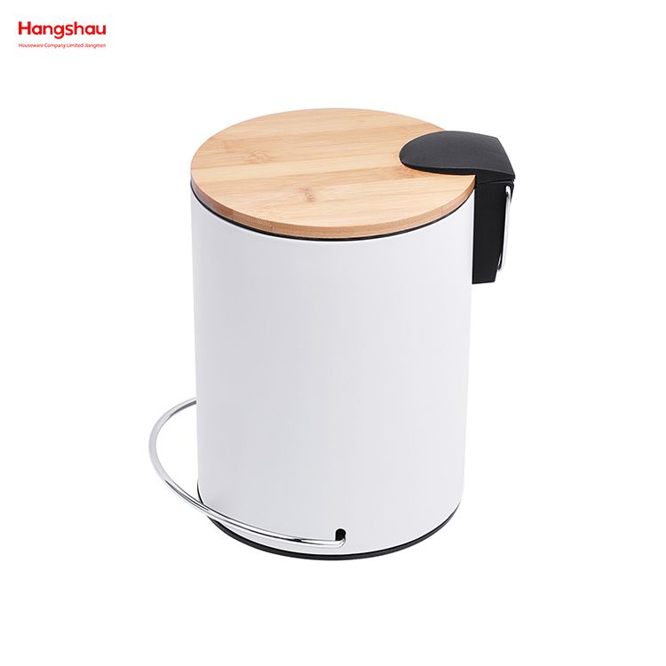 3L Bathroom Trash Can Metal Morden Style Dustbin Garbage Can Bamboo Lid Powder Coating For Indoor Trash Can Household Stripe Pedal Waste Bin Bamboo Dust Bins 