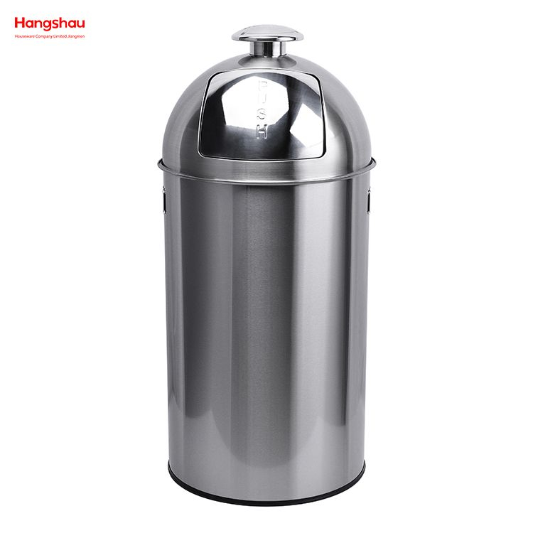 50L Outdoor Lockable Stainless Steel Round Dome-top Push Bin(with Inner Bucket) Cafeteria Trash Can with Push Hole Commercial Trash Can Community Street Roadside