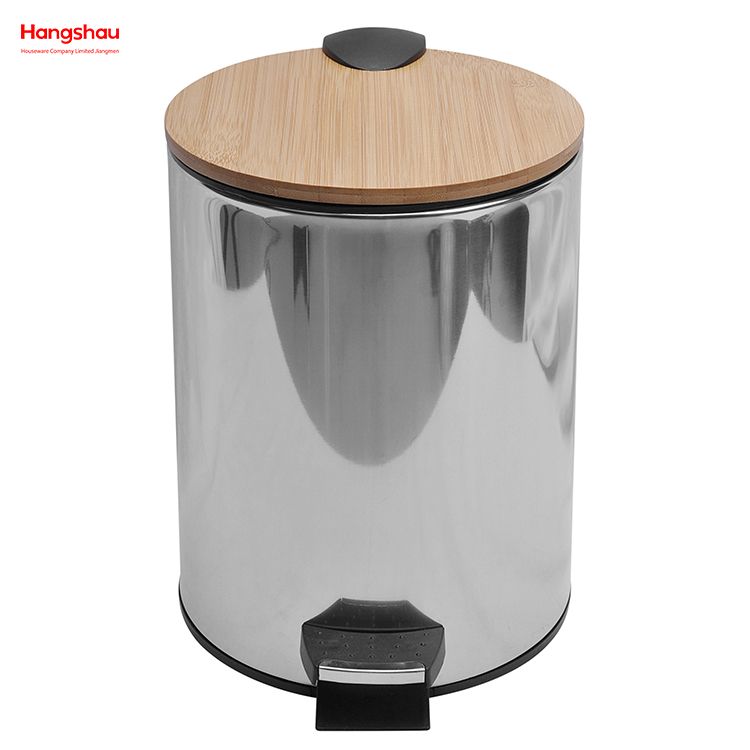 5L Bamboo Polish Kitchen Waste Bins Bathroom Household Stainless Steel Trash Can Bamboo Mirror Reflection Polishing Round Pedal Bin 
