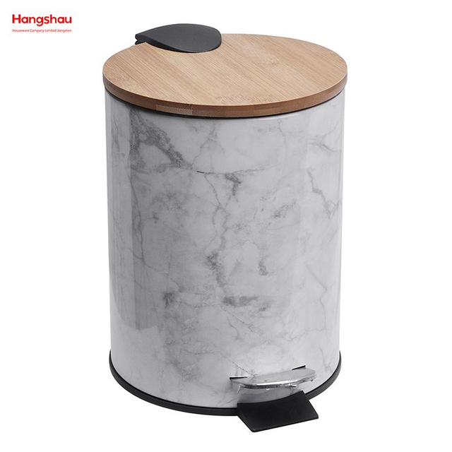 3L Metal Morden Style Dustbin Garbage Can Bamboo Lid Powder Coating For Indoor Trash Can Household Stripe Printing Pedal Waste Bin Bamboo DustBin Bathroom Trash Can 
