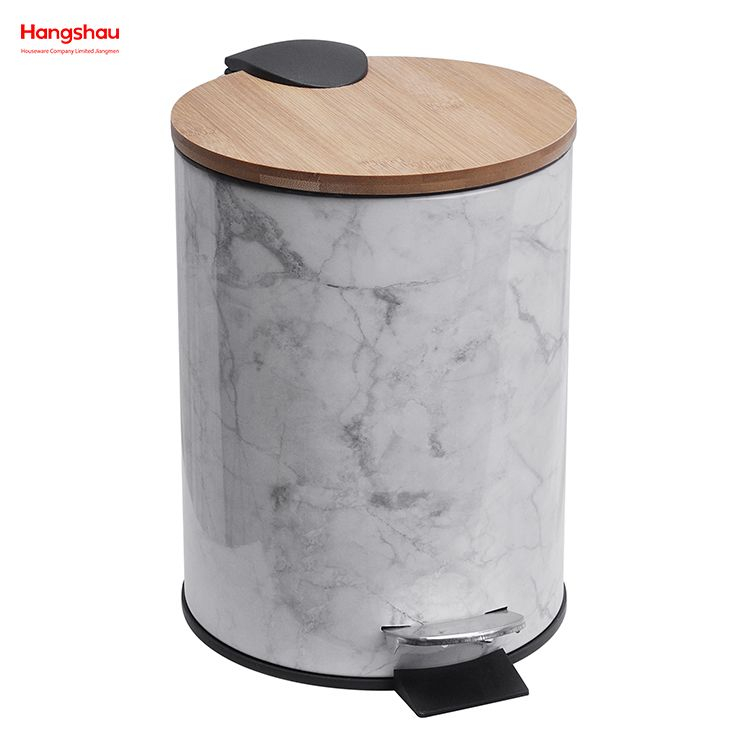 3L Metal Morden Style Dustbin Garbage Can Bamboo Lid Powder Coating For Indoor Trash Can Household Stripe Printing Pedal Waste Bin Bamboo DustBin Bathroom Trash Can 