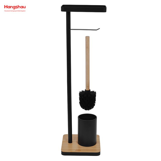 Bamboo-Base Metal Toilet Brush Holder with Tissue Holder And Tray Black Freestanding Design Accommodates Phone
