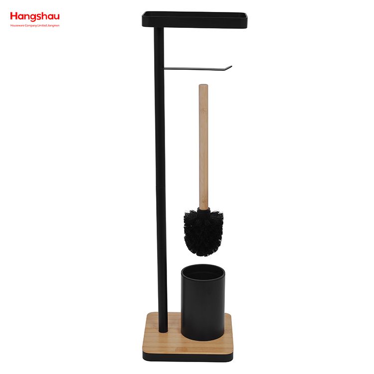 Bamboo-Base Metal Toilet Brush Holder with Tissue Holder And Tray Black Freestanding Design Accommodates Phone