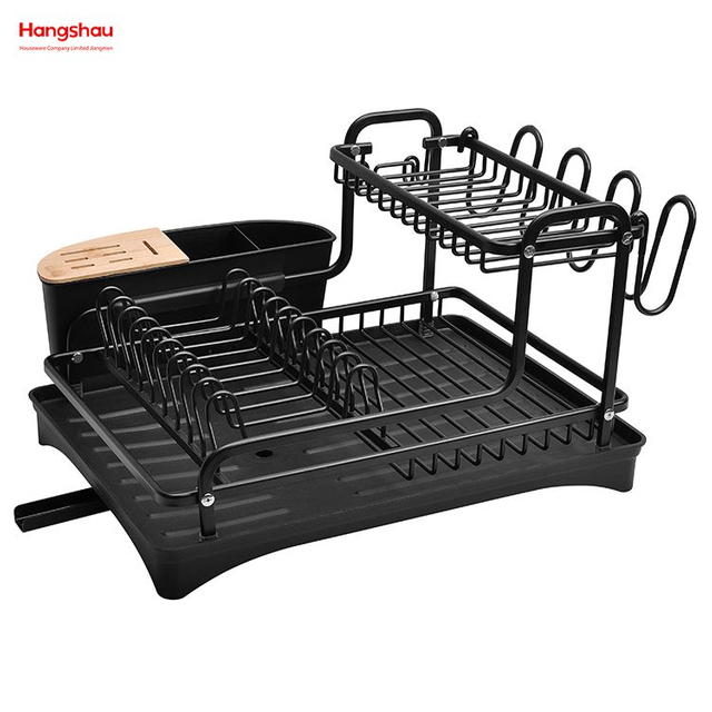 Black Kitchen Utensils Storage Aluminum Alloy Dish Rack over Sink Organizer Stand Dish Rack Cup Holder Double Deck Metal Drying Dish Tray Rack 