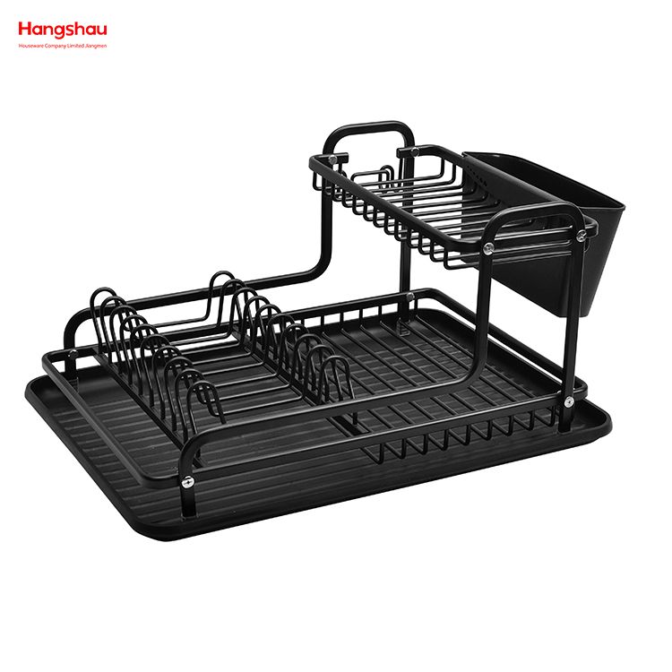 Metal Black Drying Dish Tray Rack Kitchen Double Deck Aluminum Stand Dish Rack Cup Holder Alloy Dish Rack over Sink Organizer 