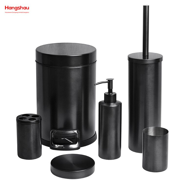 Stainless Steel Brushed And Black Nickel Lacquer Spraying Complete Bathroom Lotion Bottle Dispenser Foam Pump Soap Bottle Bathroom Accessories Luxury Set