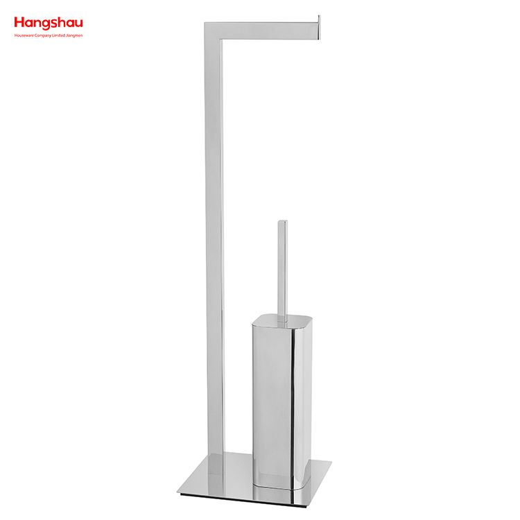 Luxury Mirror Polishing Standing Metal Toilet Brush Holder Square Tube Free Standing Stainless Steel Toilet Brush And Paper Holder