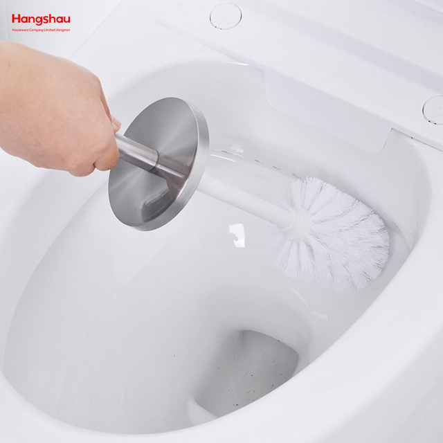 Round Metal Standing Toilet Brush with Holder Plastic Brush Cleaning Set Stainless Steel Matte Bathroom Toilet 