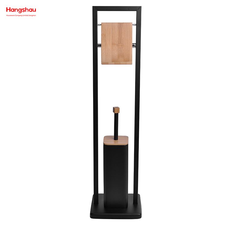 Black Powder Coated Standing Bamboo&Metal Toilet Brush Holder Lacquer Spraying Metal Free Standing Stainless Steel Toilet Brush And Paper Holder 