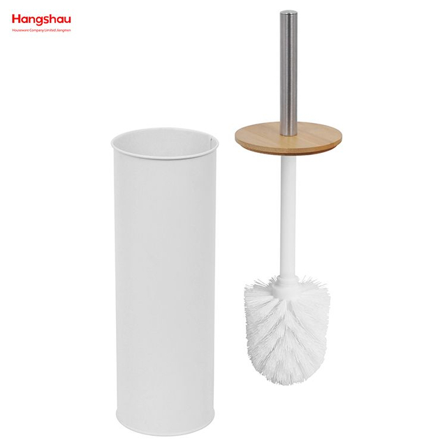 Iron Round Bamboo-Handled Toilet Brush Home Bathroom Toilet Brush