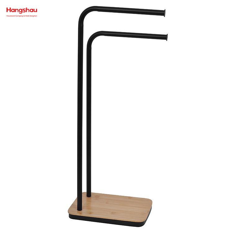 Iron Double-Bar Towel Rack Bathroom Towel Rack Floor-Standing Towel Rack Bamboo Base Towel Rack