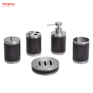 Bathroom Accessories Luxury Artificial Leather Decorate Set Stainless Steel Complete Bathroom Lotion Bottle Dispenser Foam Pump Soap Bottle Synthetic Leather 