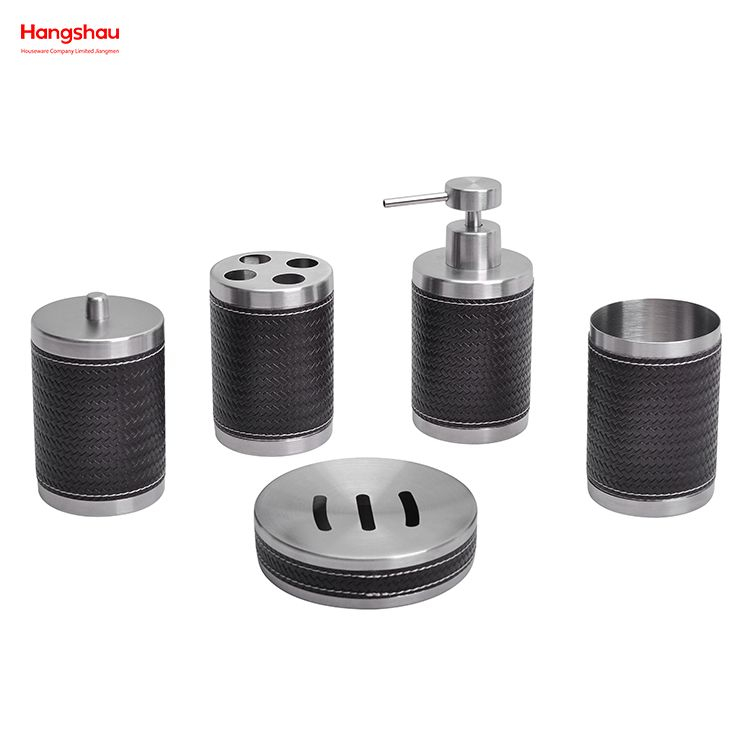 Bathroom Accessories Luxury Artificial Leather Decorate Set Stainless Steel Complete Bathroom Lotion Bottle Dispenser Foam Pump Soap Bottle Synthetic Leather 