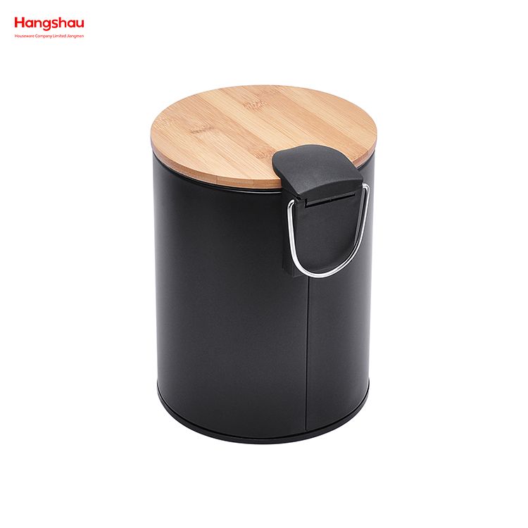 3L Bamboo Lid Powder Coating For Indoor Trash Can Household Stripe Pedal Waste Bin Bamboo Dust Bins Bathroom Trash Can Metal Morden Style Dustbin Garbage Can 
