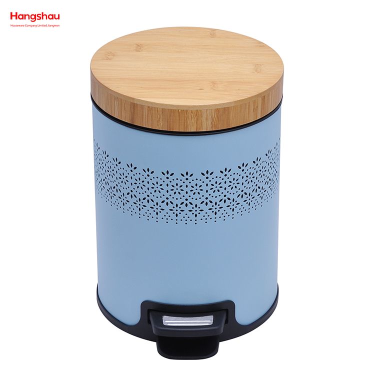 5L Powder Coating Household Pedal Waste Bin Bamboo Dust Bins For Indoor Trash Can Bathroom Trash Can Metal Morden Style Dustbin Garbage Can Bamboo Lid