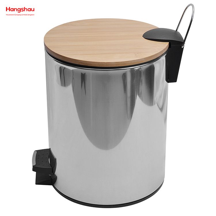 5L Bamboo Polish Kitchen Waste Bins Bathroom Household Stainless Steel Trash Can Bamboo Mirror Reflection Polishing Round Pedal Bin 