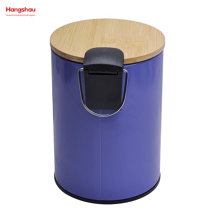 5L Bathroom Trash Can Metal Morden Style Dustbin Garbage Can Bamboo Lid Powder Coating Household Pedal Waste Bin Bamboo Dust Bins For Indoor Trash Can 
