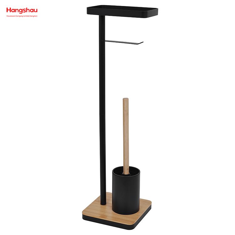 Bamboo-Base Metal Toilet Brush Holder with Tissue Holder And Tray Black Freestanding Design Accommodates Phone