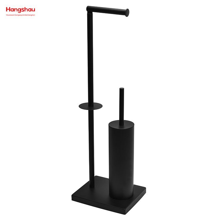 Black Powder Coated Standing Metal Toilet Brush Holder And Paper Holder With Towel Rack Bathroom Cleaning Accessory Featuring