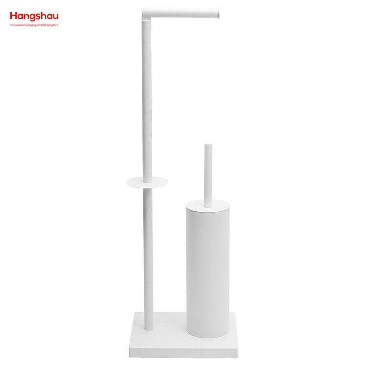White Powder Coated Standing Metal Toilet Brush Holder And Paper Holder With Towel Rack Bathroom Cleaning Accessory Featuring